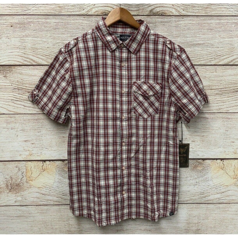 Industry Shirt Mens Size Large Red & Blue Check Poplin Button Front Shirt New